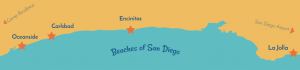 map ot beaches in San Diego. North to South: Oceanside, Carlsbad, Encinitas, La Jolla